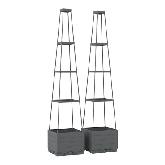 Outsunny 2 Pack Raised Garden Bed with Trellis, two grey plastic planters with tall conical trellises