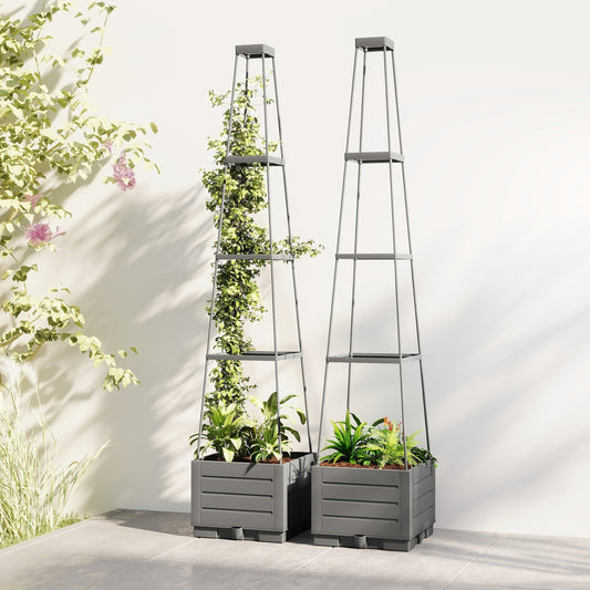 Two grey plastic planters with trellises, one with climbing plants growing up it