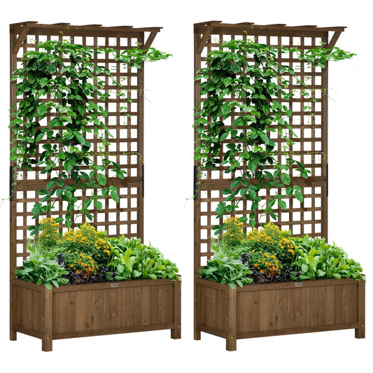 Outsunny 2 Pcs Raised Bed with Drainage Holes, a wooden planter with a trellis covered in green plants