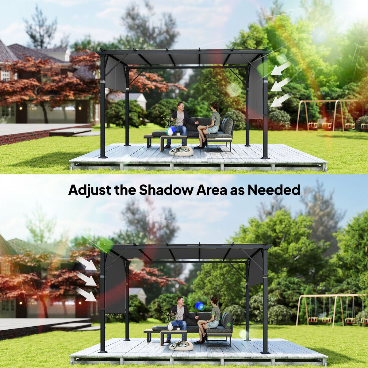 Two garden pergola setups demonstrating how the fabric shade panels can be adjusted for sun coverage