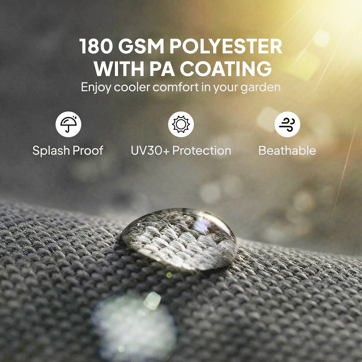 Close up of the pergola canopy fabric showing a water droplet and text about UV protection