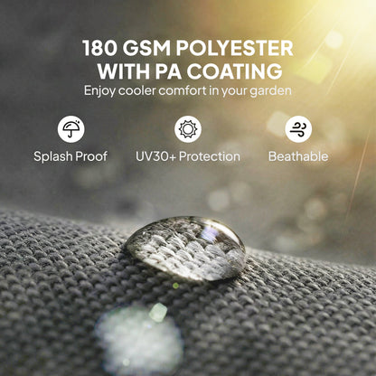 Close up of the pergola canopy fabric showing a water droplet and text about UV protection
