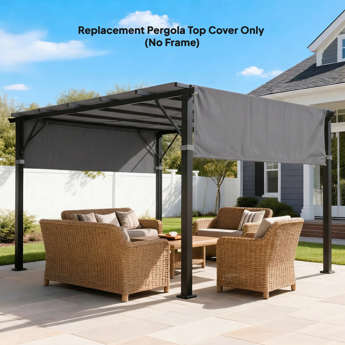 Pergola replacement canopy in dark grey fitted to an outdoor pergola with rattan furniture underneath