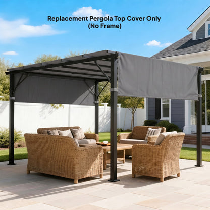 Pergola replacement canopy in dark grey fitted to an outdoor pergola with rattan furniture underneath