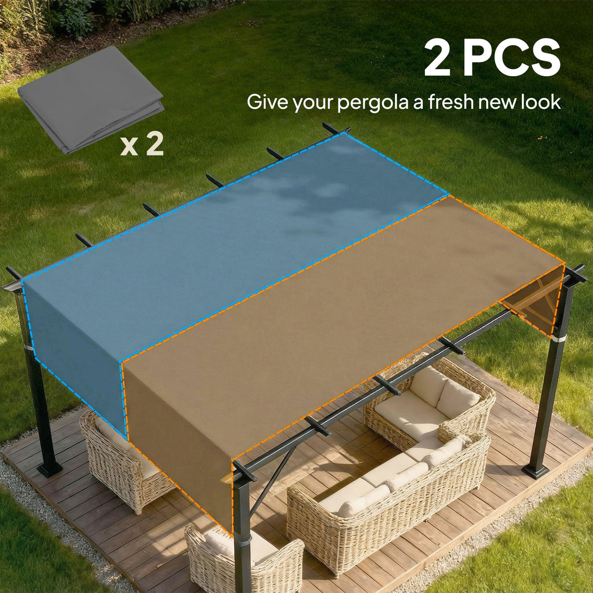 Two replacement pergola canopies shown laid out over a pergola frame, one blue and one brown