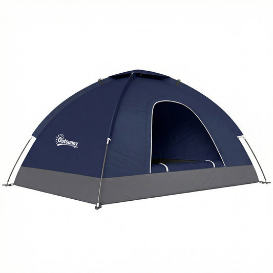Outsunny 2 Person Camping Tent, a navy blue dome tent with zipped doors and storage pocket