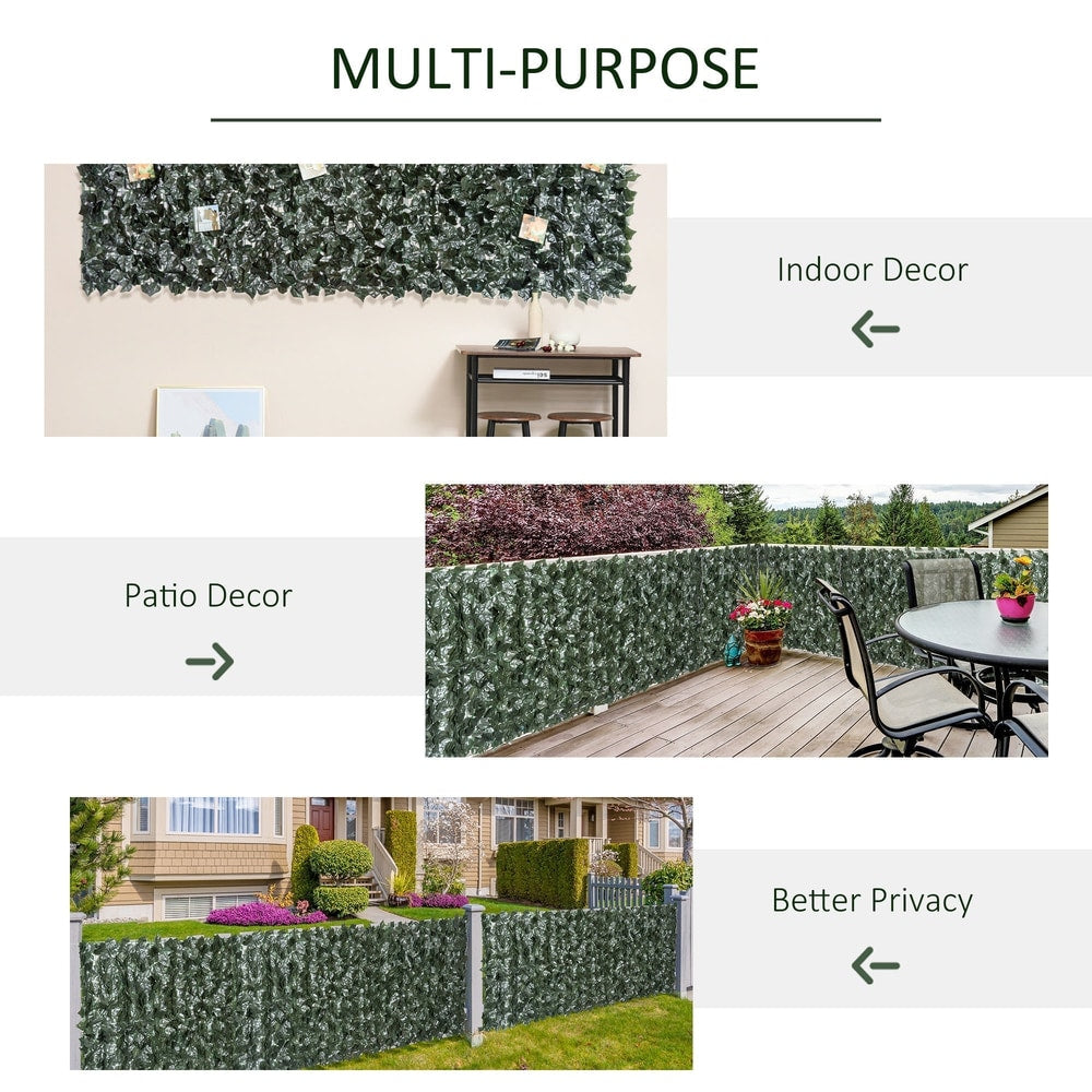 The artificial leaf fence panel shown in various settings including indoor, patio and garden privacy