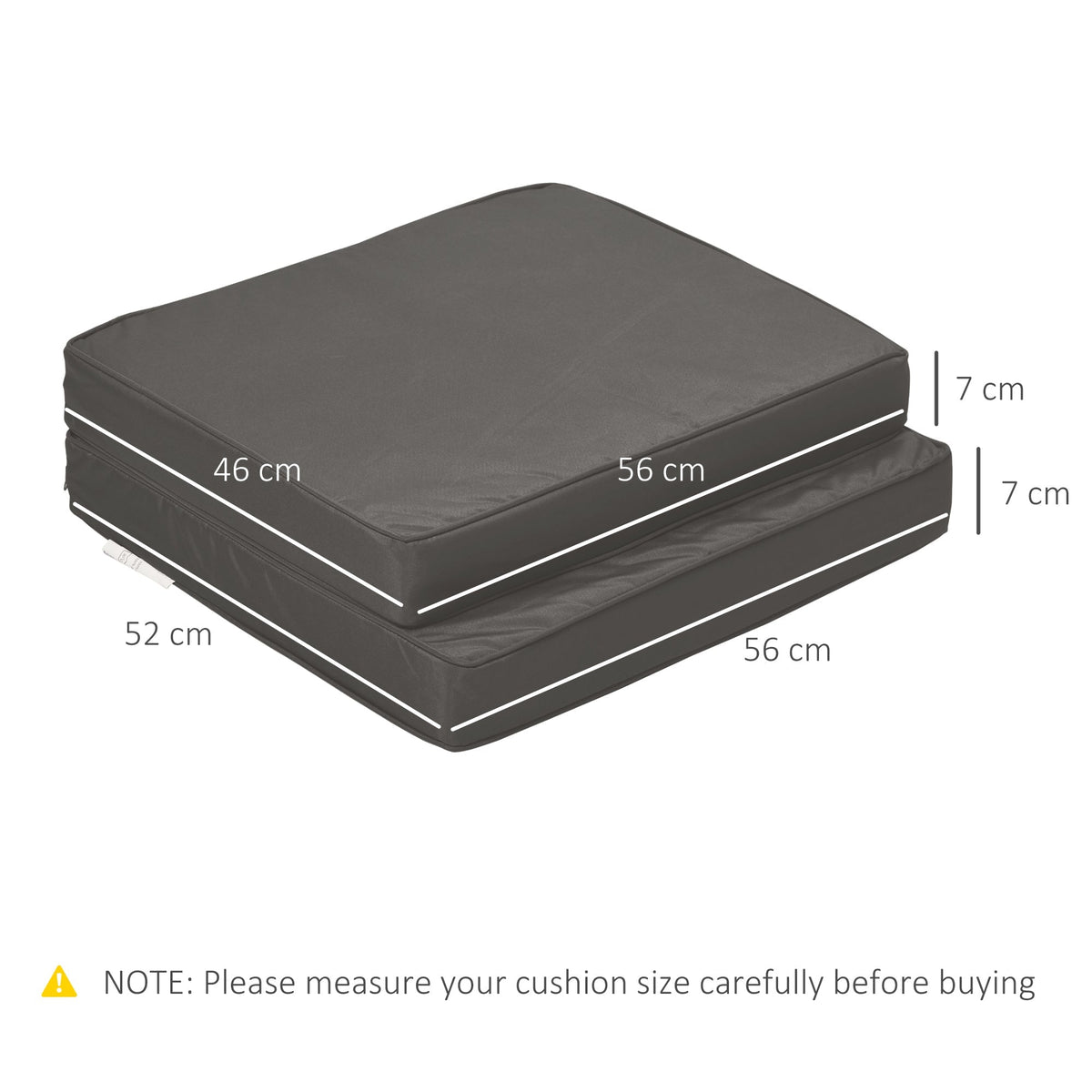The outdoor cushions stacked on top of each other with white lines indicating their dimensions