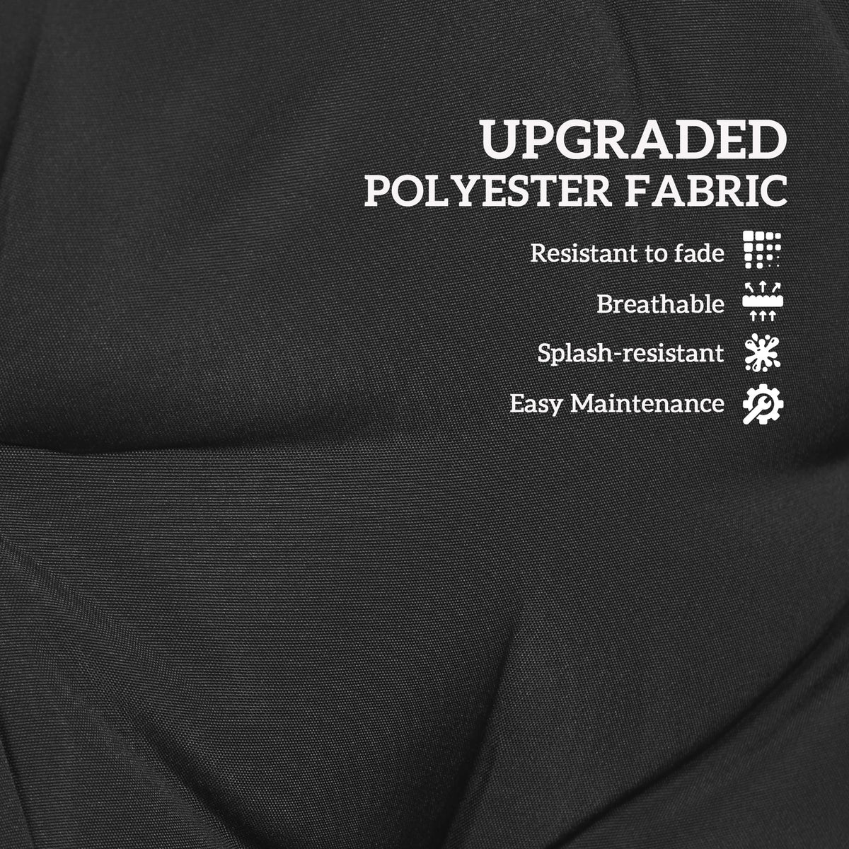The black fabric surface of the garden chair cushions with text detailing the material properties