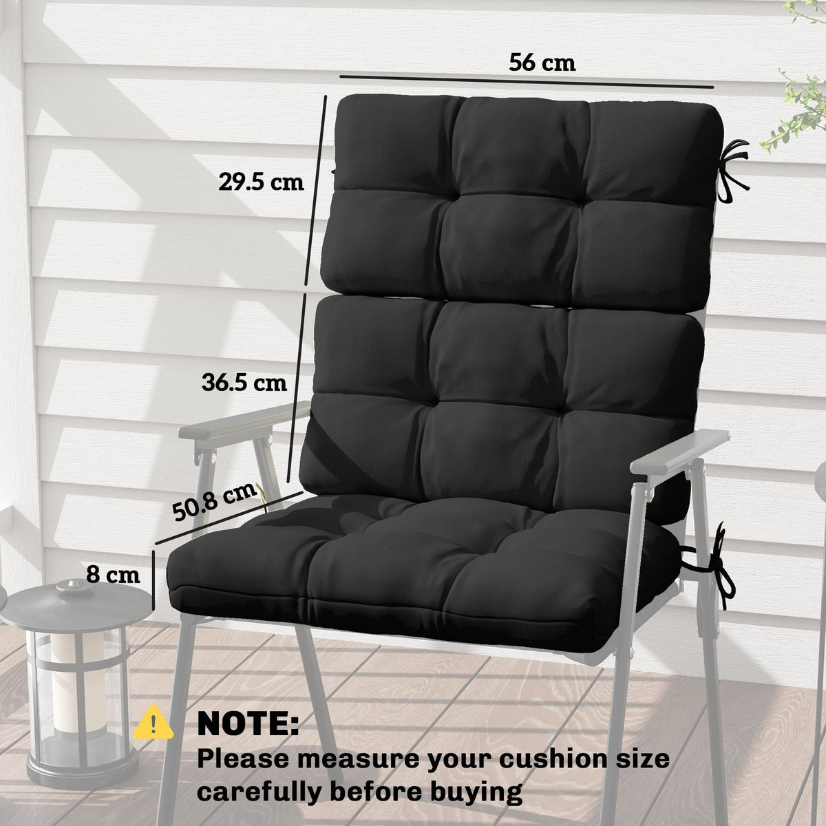 The seat cushions shown on a chair with arrows indicating the dimensions of the product