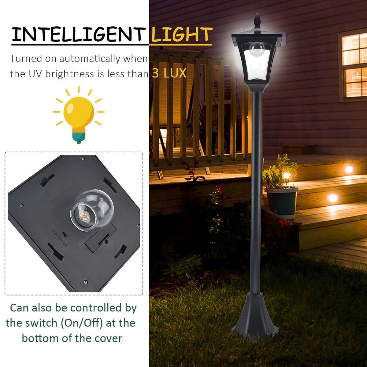 The garden lighting showing its intelligent light sensor and on/off switch