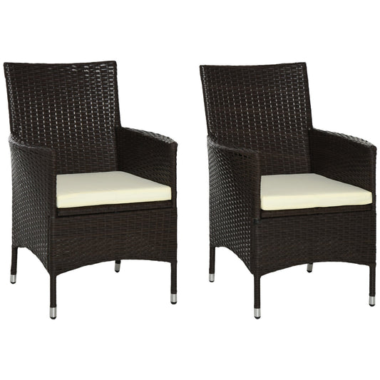 Outsunny 2 Pieces Outdoor PE Rattan Dining Chairs Set with cushions, two brown armchairs on a white background