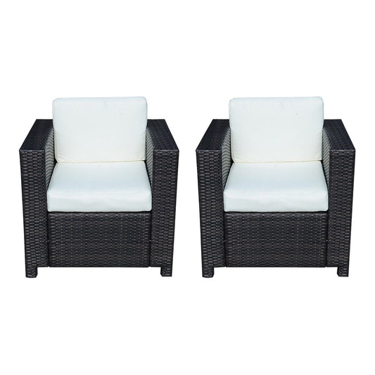 Outsunny 2 Rattan Garden single Seater Chair, a pair of black rattan armchairs with white cushions, shown from the front