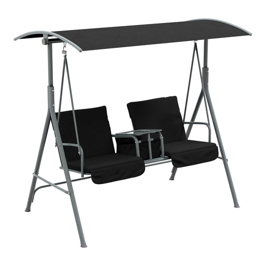 Outsunny 2 Seater Garden Swing Chair in black with a grey metal frame and a black canopy