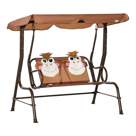 Outsunny 2 Seater Kids Garden Swing Seat with brown frame and monkey patterned backrests