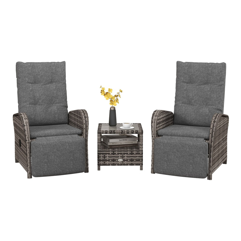 Outsunny 2 Seater Patio Rattan Chaise Lounge Sofa Set with grey cushions and a small table