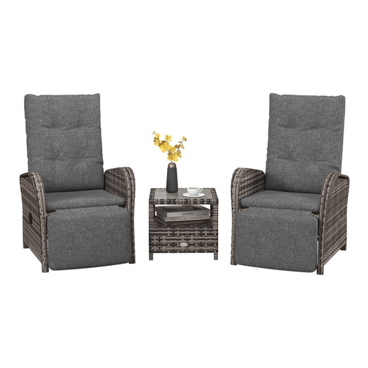 Outsunny 2 Seater Patio Rattan Chaise Lounge Sofa Set with grey cushions and a small table