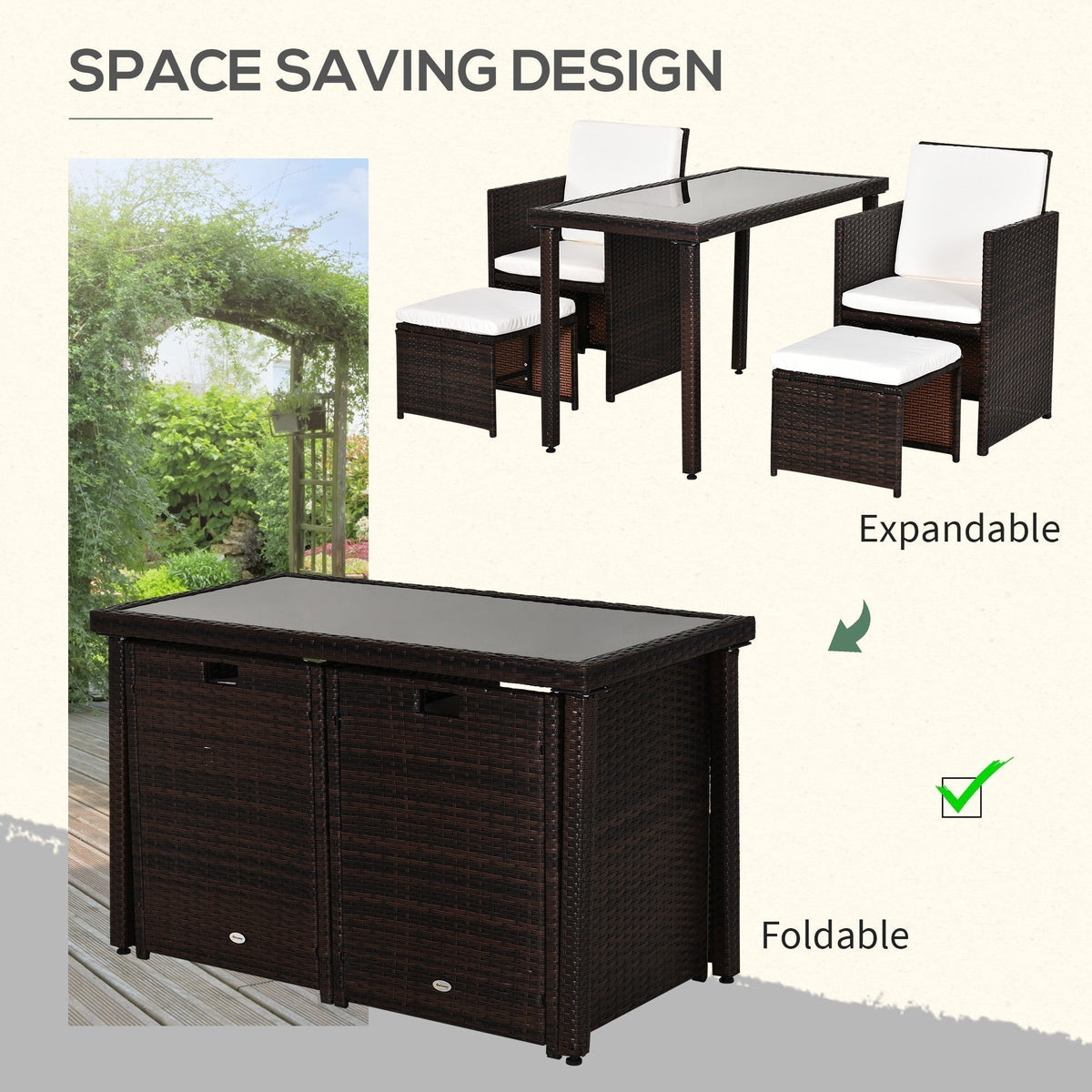 The compact, foldable space-saving design of the rattan furniture set