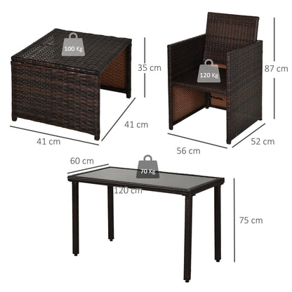 Dimensions for the rattan furniture set including table, chairs and stools
