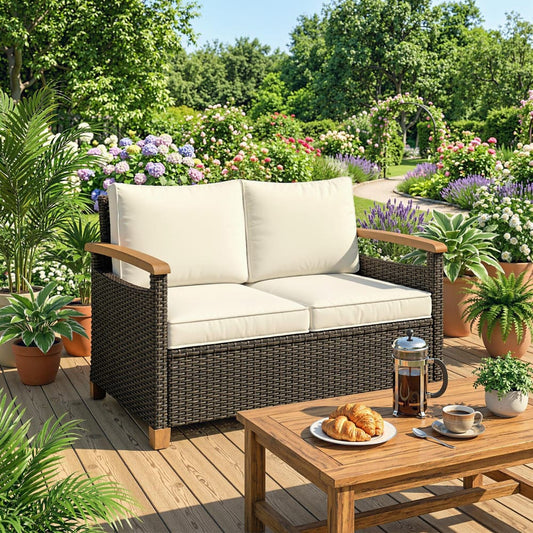 Two seater rattan garden sofa on a wooden deck surrounded by plants and flowers