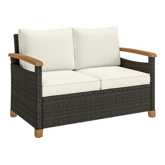 Outsunny 2 Seater Rattan Garden Sofa with cream cushions and wooden armrests