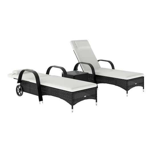 Outsunny 2 Seater Rattan Sun Lounger Set with white cushions and a central black side table