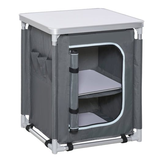 Outsunny 2-Shelf Camping Cupboard Camping Kitchen Station Cook Table set up with doors open showing shelves