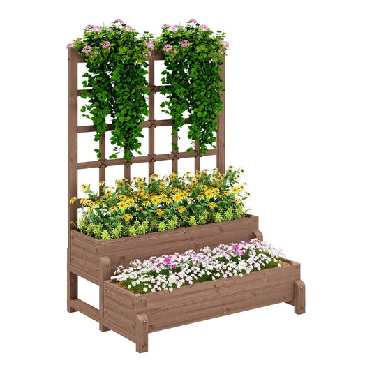 Outsunny 2-Tier Raised Garden Bed with Trellis, a wooden planter with two tiers and a trellis backing, filled with flowers