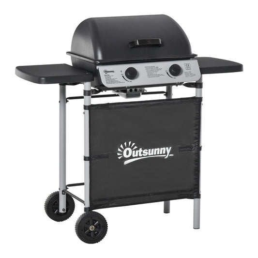 Outsunny 2 x 2.8kW Burner Gas BBQ - Grey, a two-burner gas barbecue with a black lid and grey frame, on wheels