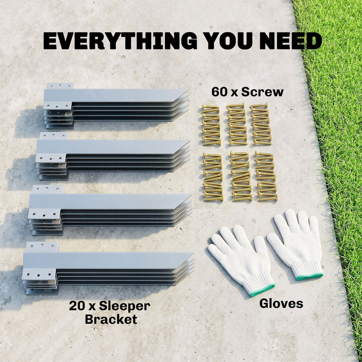 Twenty galvanised steel sleeper brackets, sixty screws and a pair of gloves