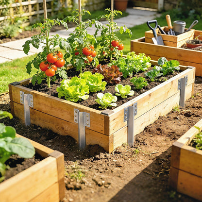 Galvanised steel brackets securing wooden garden beds in soil