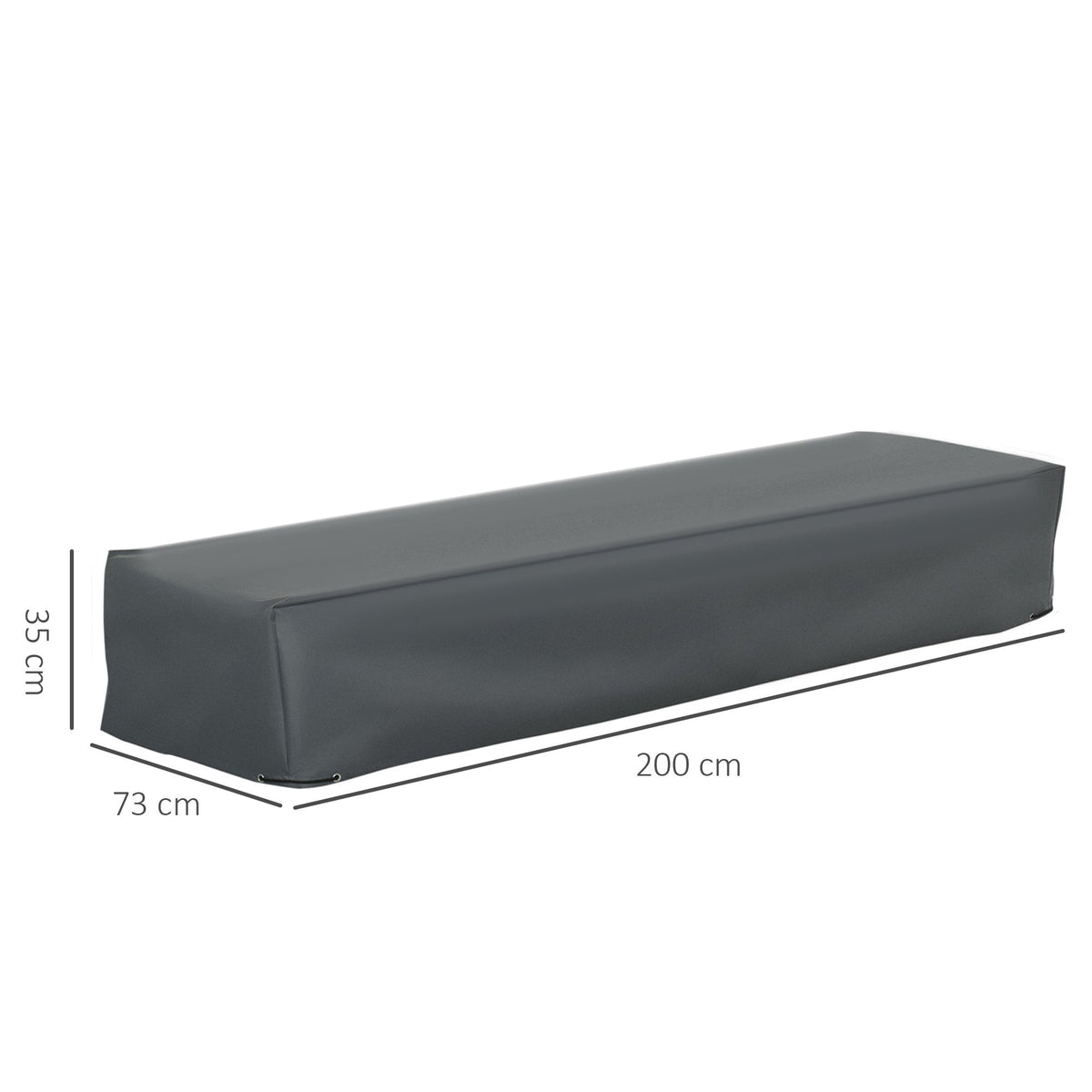 The grey outdoor furniture cover with dimensions 200cm and 73cm marked