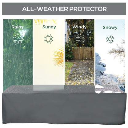 Collage showing the protective cover in different weather conditions: rain, sun, wind, and snow