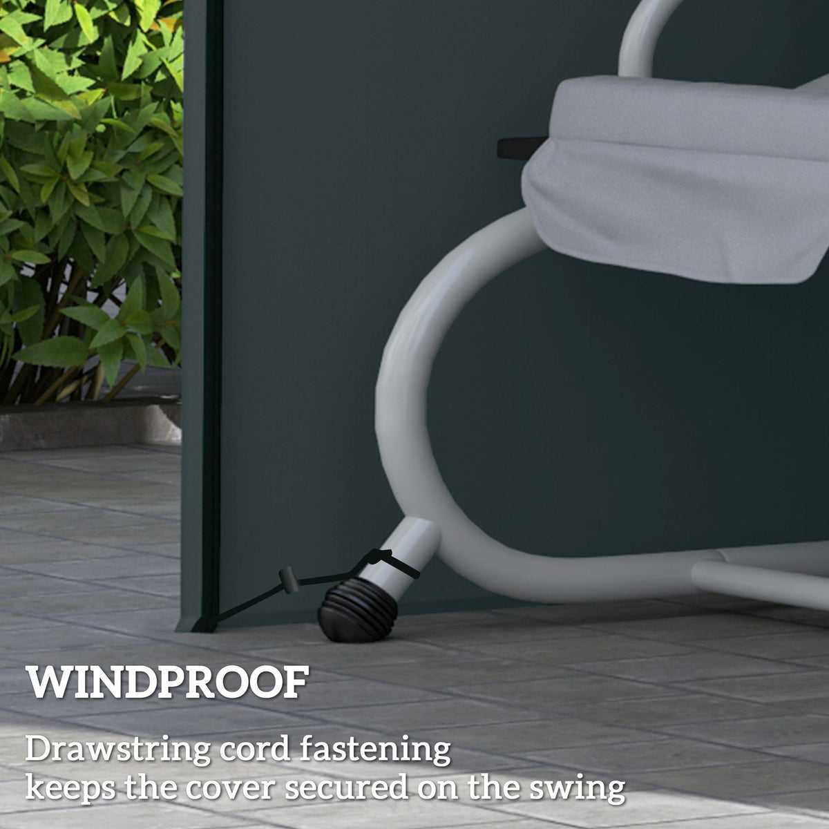 Close up of the grey swing chair cover showing its windproof drawstring fastening