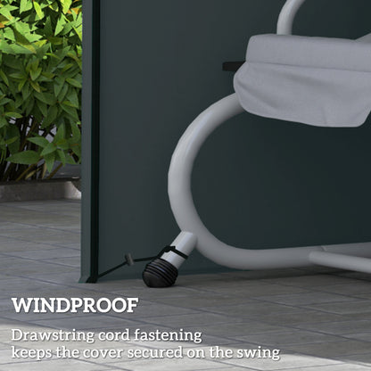 Close up of the grey swing chair cover showing its windproof drawstring fastening