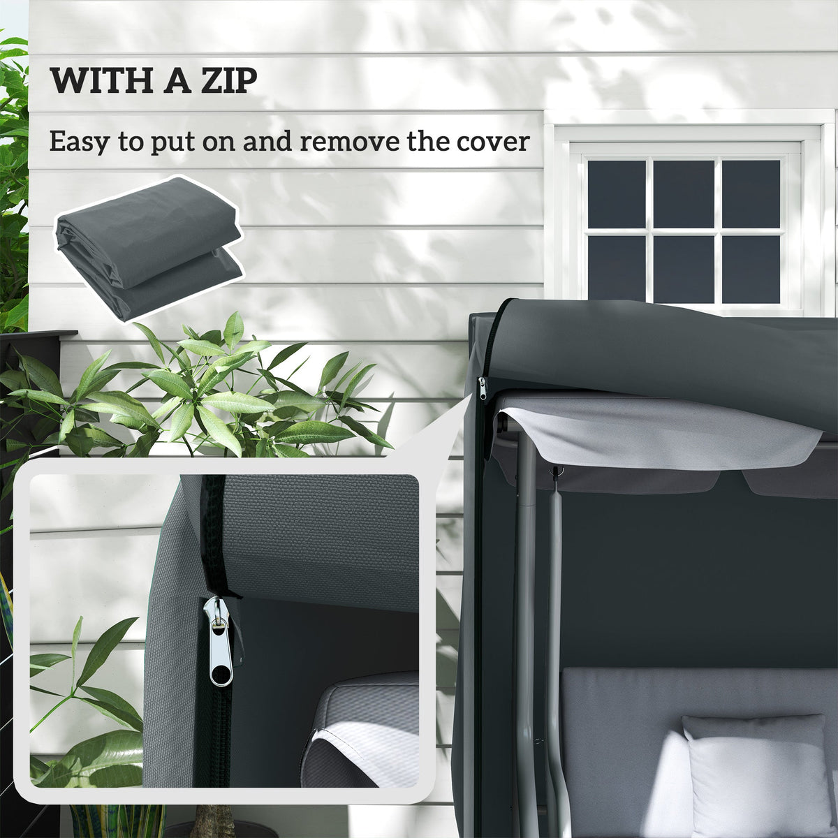 Folded grey swing chair cover and a close up of its zip fastening