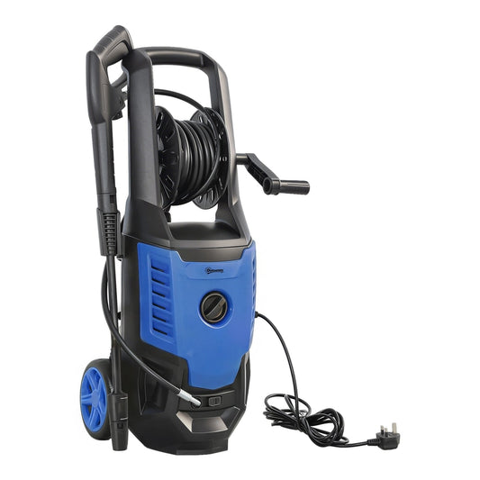 Outsunny 2200W High Pressure Washer with a hose reel and blue casing on a white background