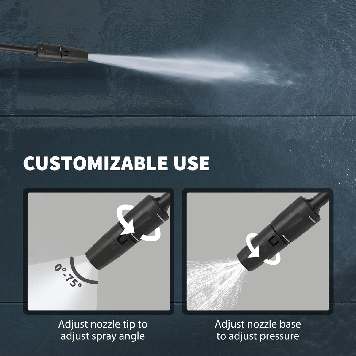 The adjustable nozzle showing how to change spray angle and water pressure