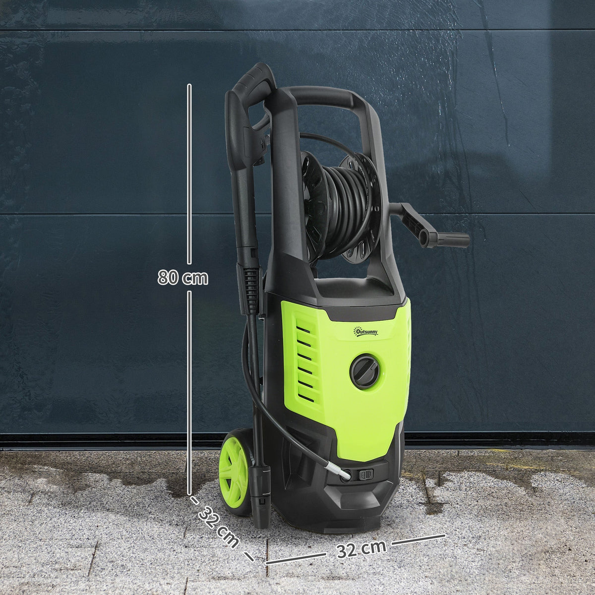 The jet wash cleaner showing height and width dimensions on a paved surface