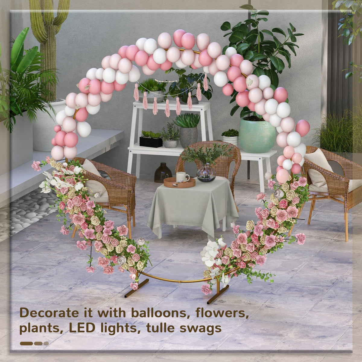 A round metal wedding arch decorated with balloons and flowers, suitable for indoor or outdoor events