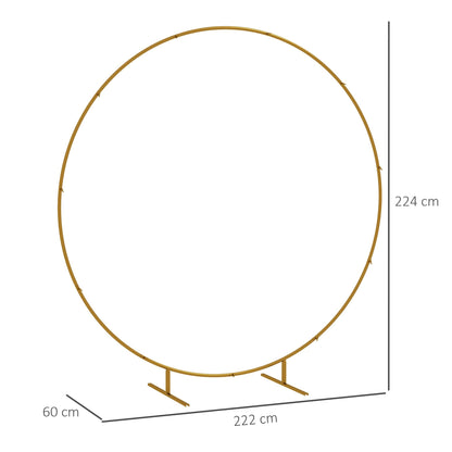 A gold tone round metal wedding arch with dimensions indicated, for parties and ceremonies