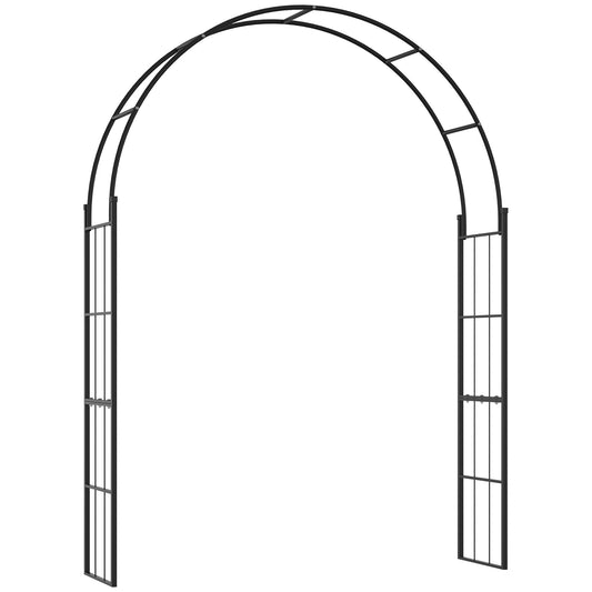 Outsunny 223cm Garden Arch Trellis, a black metal arch with decorative scrollwork on top and side panels