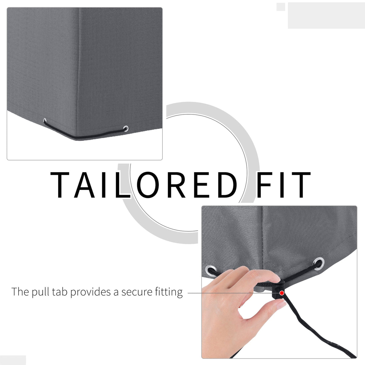 The furniture cover corner showing a hand pulling the cord to create a secure tailored fit