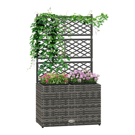 Outsunny 22 L Rattan Planter with Trellis, a grey woven planter with a black trellis, holding climbing plants and flowers
