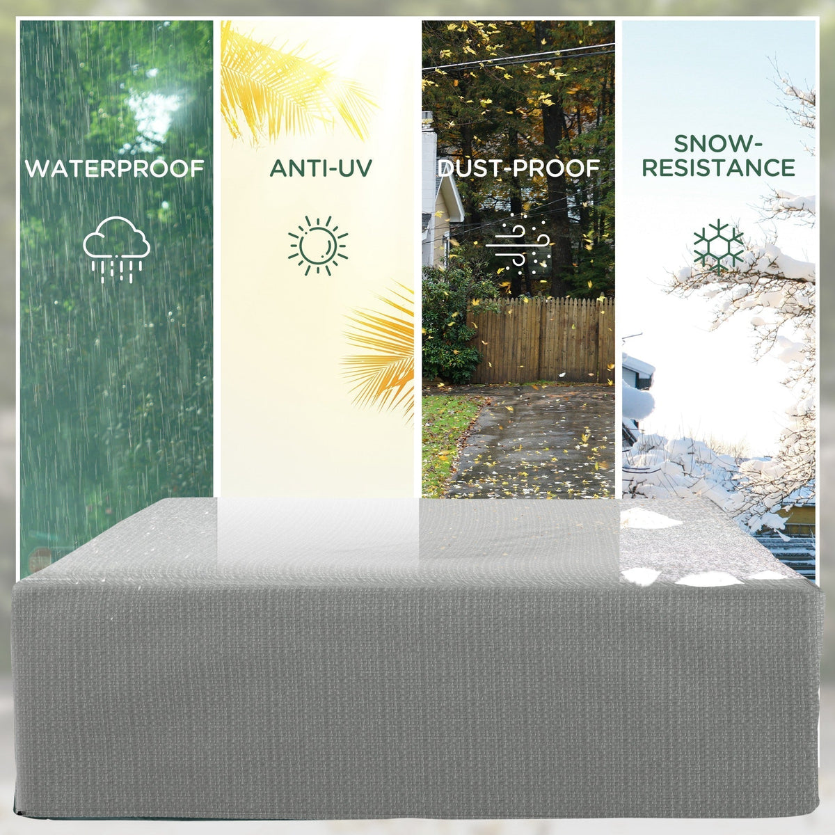 The outdoor furniture cover featuring icons showing its waterproof and weather resistant qualities
