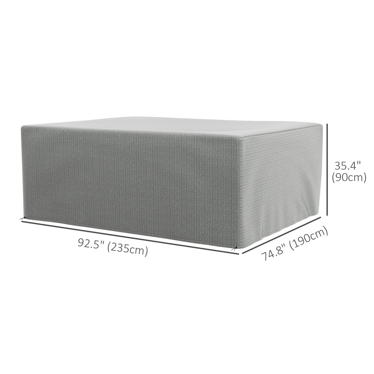 The protective cover shown with black lines and text indicating its overall dimensions