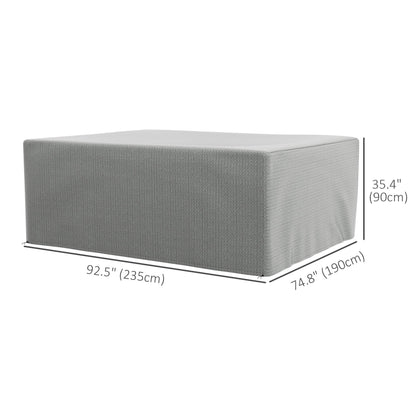 The protective cover shown with black lines and text indicating its overall dimensions