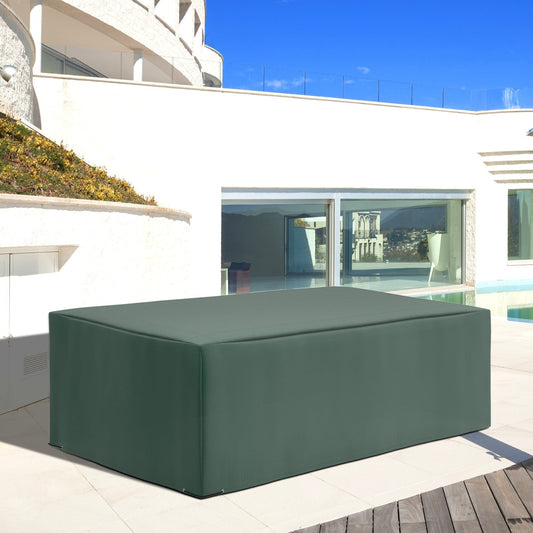 The garden furniture cover is shown protecting a large outdoor sofa set on a patio