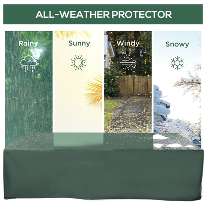 The protective cover is shown in four weather conditions: rainy, sunny, windy, and snowy