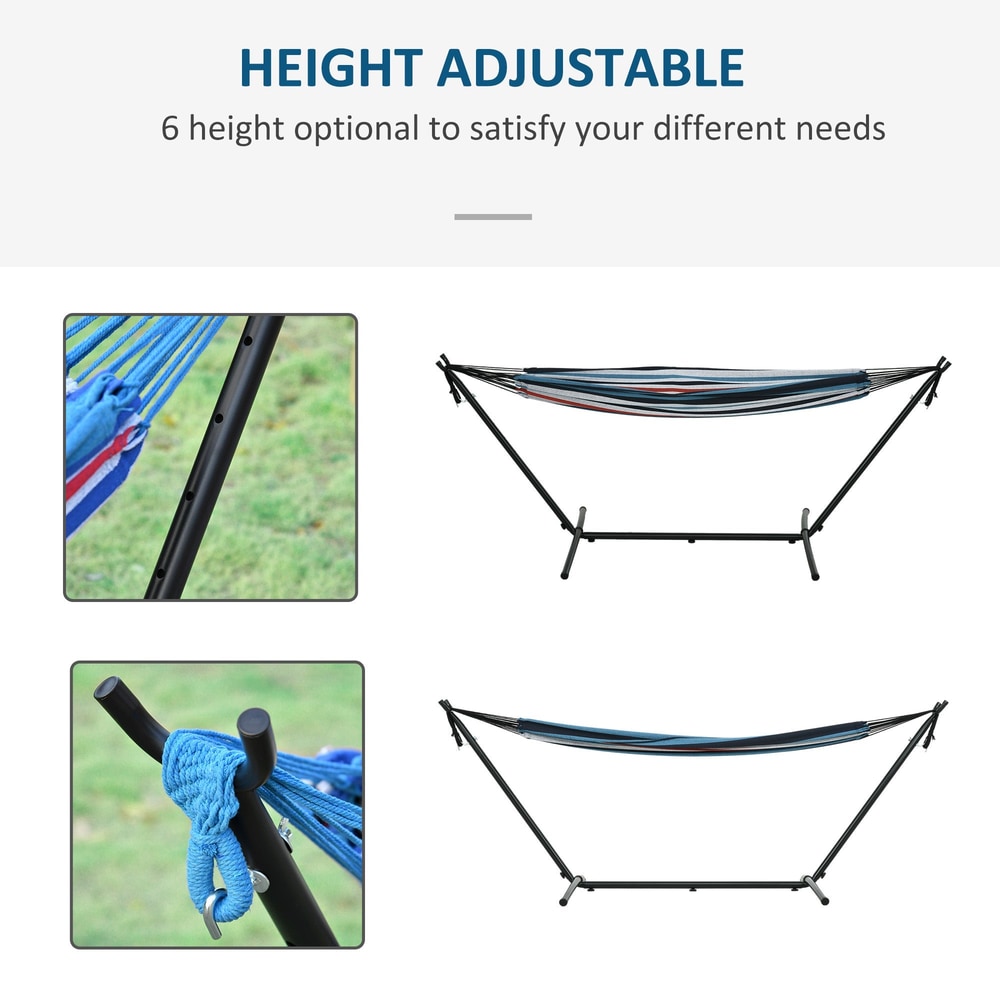 Close-up views of the hammock's adjustable height mechanism and the stand's construction